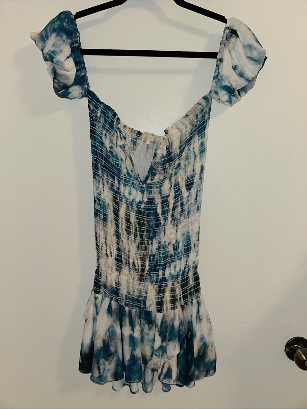 Blue Tie-Dye Strapless Summer Dress with Ruffle Hem